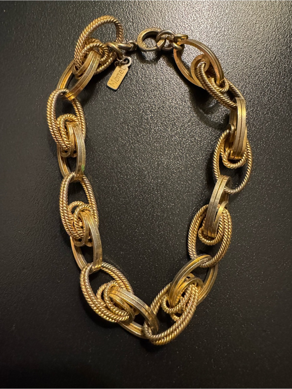 Vintage Monet Gold Tone Textured Rope Interlocking Link Bracelet - 8.5”